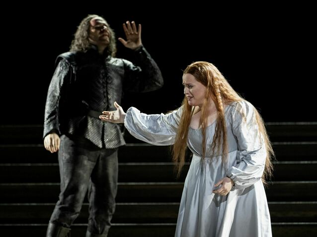 Michael Fabiano as Manrico and Rachel Willis-Sørensen as Leonora in Adele Thomas's production of Verdi's Il Trovatore, The Royal Opera ©2025 Camilla Greenwell