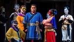 Aled Hall as Pang, Michael Gibson as Pong, SeokJong Baek as Calaf and Hansung Yoo as Ping in Andrei Serban's production of Puccini's Turandot, The Royal Opera ©2025 Tristram Kenton